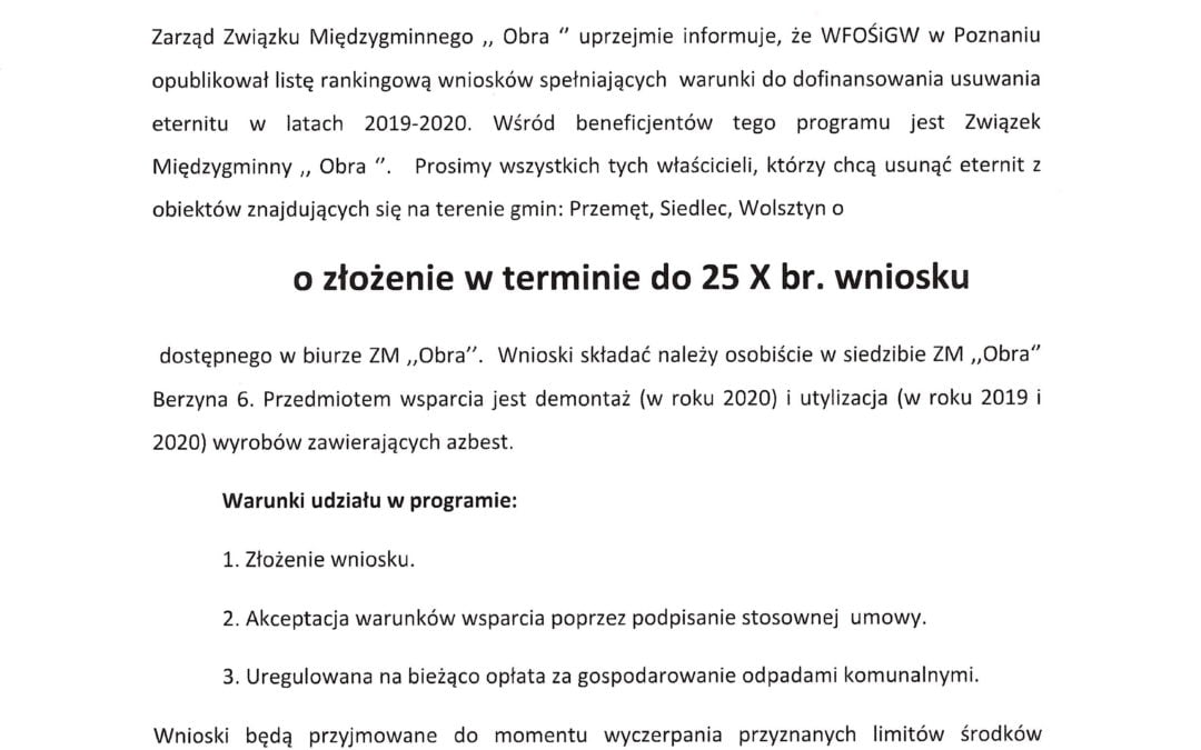 Nabór wniosków na usuwanie wyrobów zawierających azbest