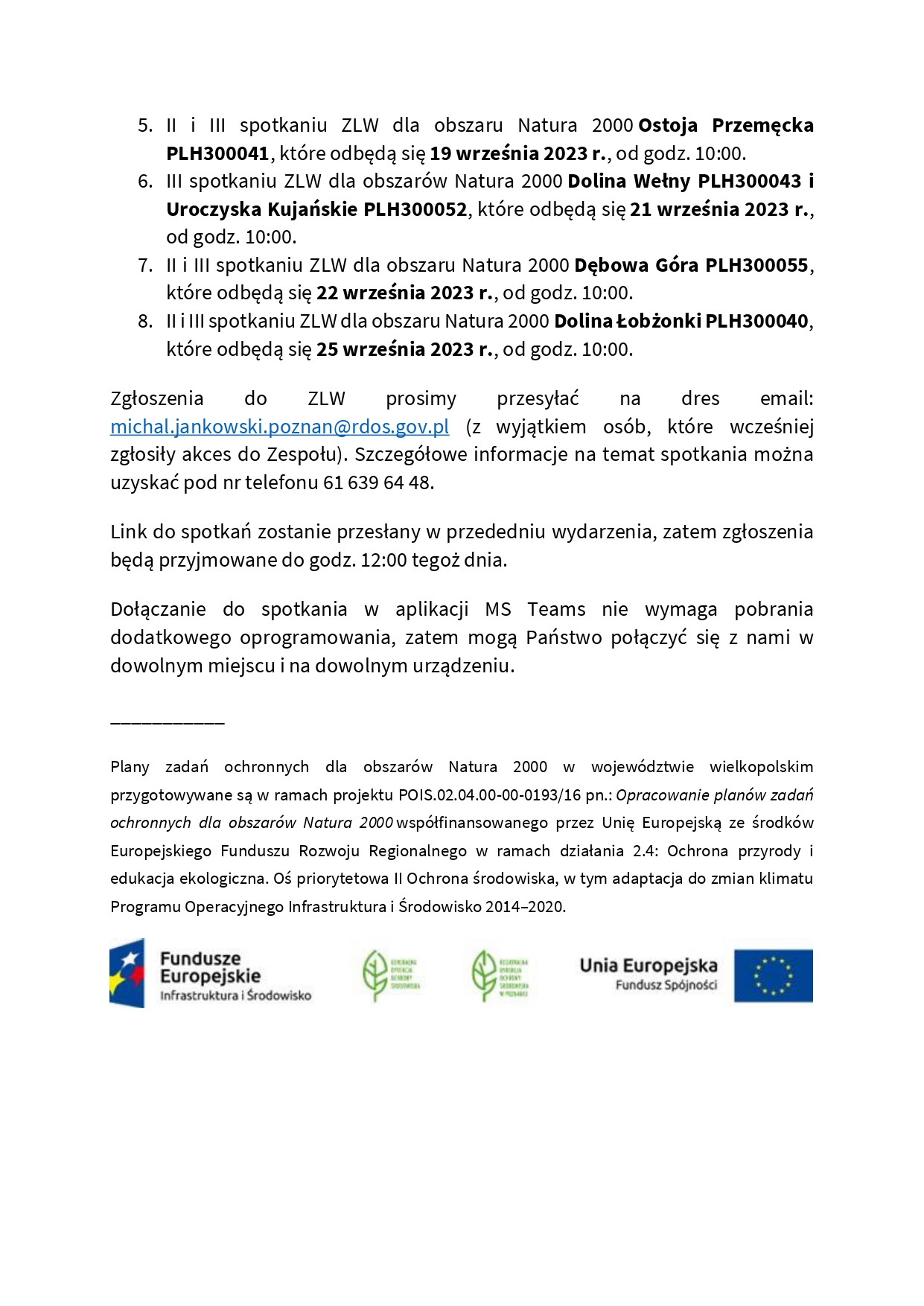Zaproszenie na spotkania Zespołów Lokalnej Współpracy w sprawie projektów planów zadań ochronnych dla obszarów Natura 2000 w województwie wielkopolskim.