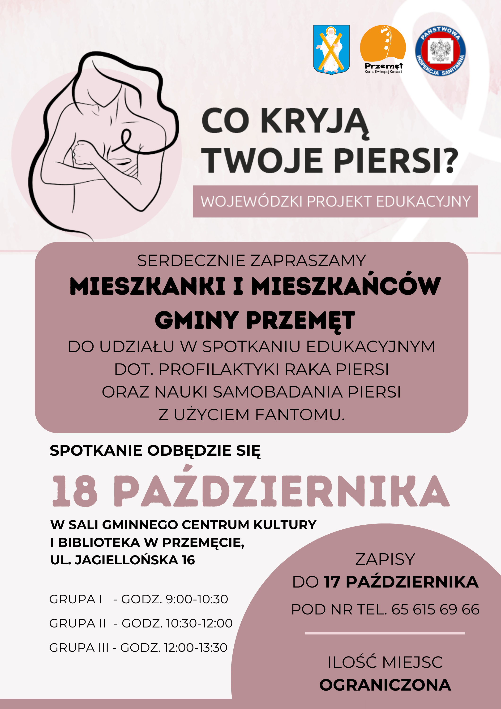 Zapraszamy mieszkańców Gminy Przemęt do udziału w spotkaniu edukacyjnym dotyczącym profilaktyki raka piersi oraz nauki samobadania piersi