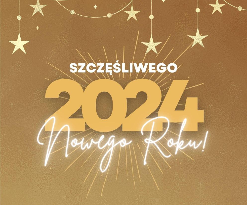 Na obrazku widnieje napis "SZCZĘŚLIWEGO 2024 NOWEGO ROKU!". Obrazek ma beżowe tło, które zdobią złote gwiazdki.