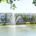 Zdjęcie przedstawia stawek z fontanną przy szkole w Przemęcie.