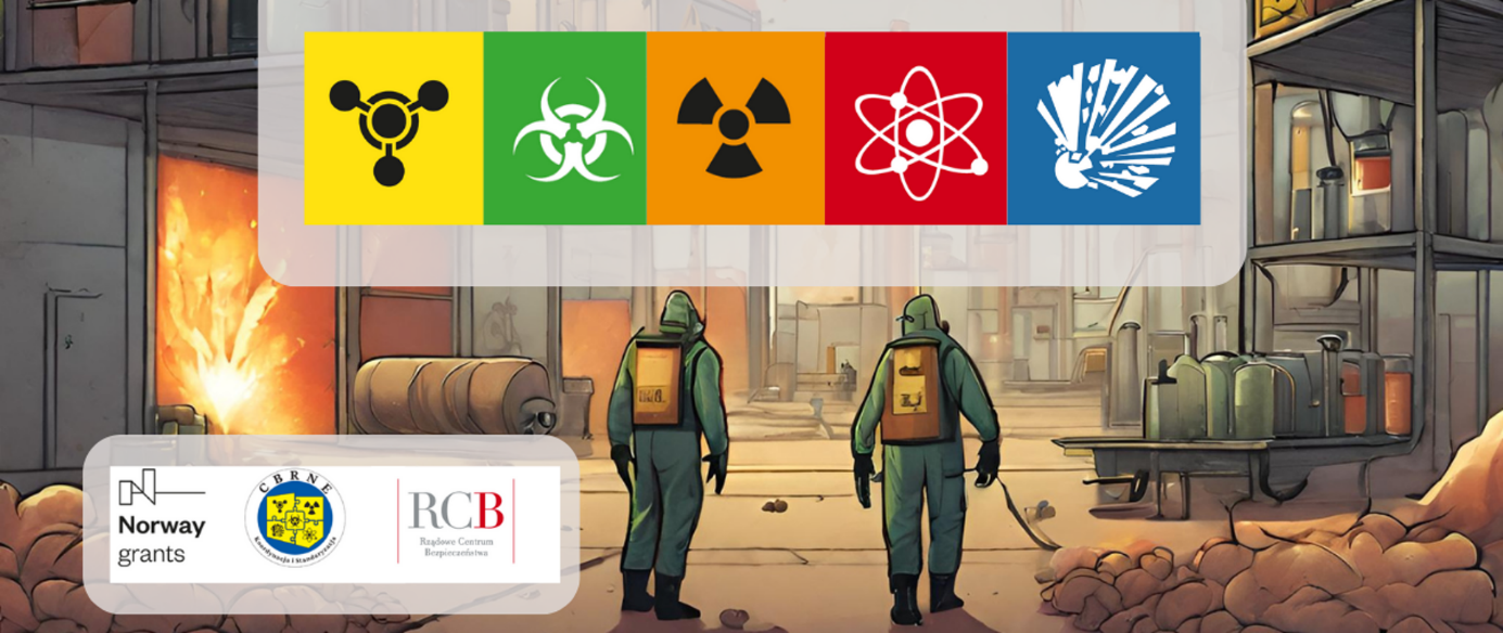 Grafika przedstawia dwóch mężczyzn w kaftanach, którzy wchodzą do pomieszczenia. Na górze grafiki znajdują się również następujące symbole: zagrożenie chemiczne, zagrożenie biologiczne, zagrożenia radiacyjne, zagrożenia jądrowe, zagrożenia eksplozją.