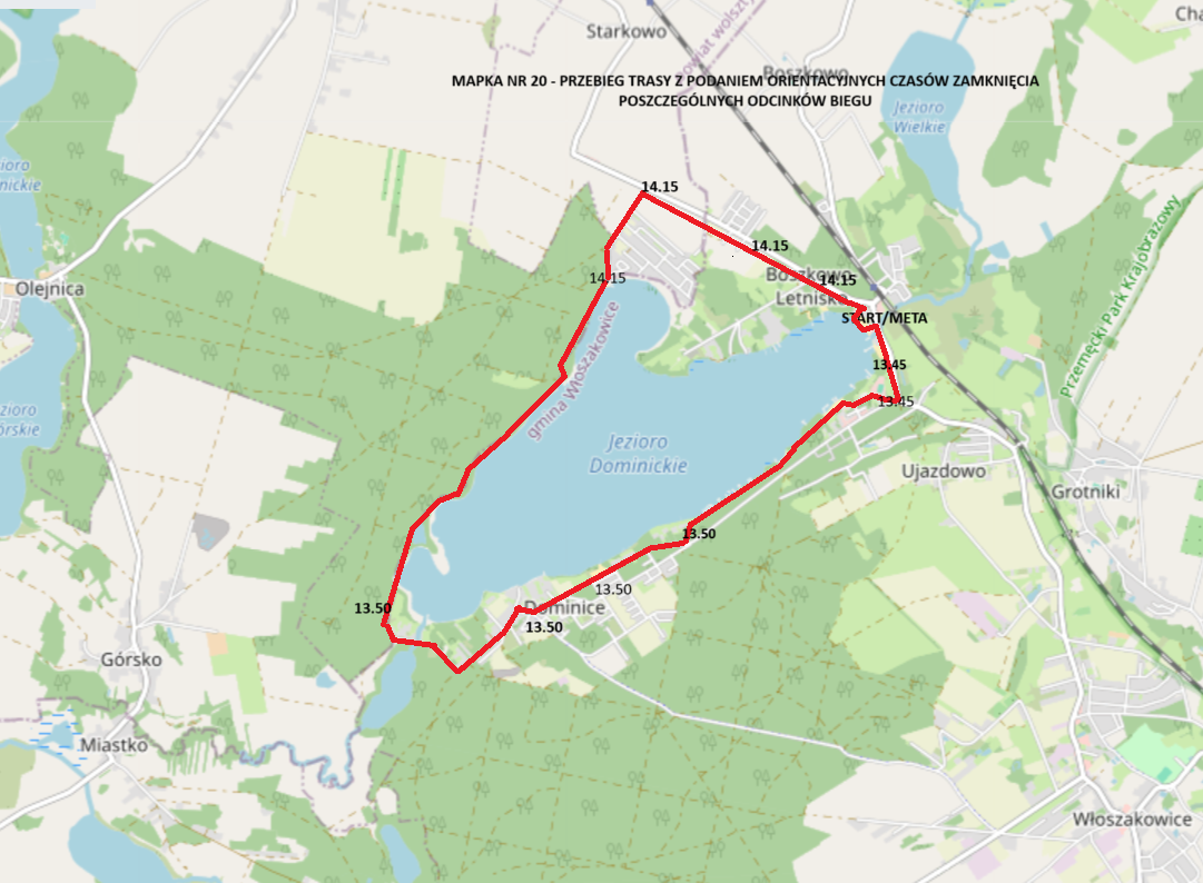 Grafika przedstawia mapkę, na której czerwoną linią zaznaczono trasę biegu wraz z orientacyjnymi godzinami. Na grafice jest napisane: "Mapka nr 20 - przebieg trasy z podaniem orientacyjnych czasów zamknięcia poszczególnych odcinków biegu".