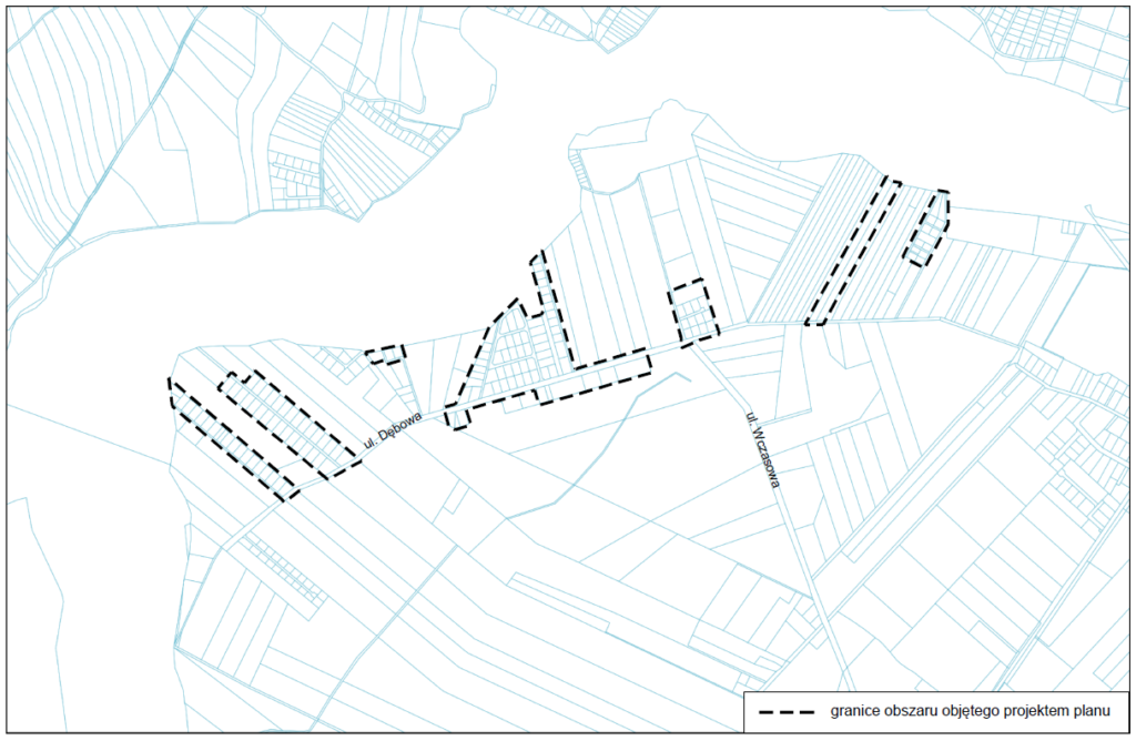 Grafika przedstawia mapę, na której czarnymi, przerywanymi liniami zaznaczono obszar o powierzchni ok. 13,0 ha zlokalizowany w obrębie ewidencyjnym Radomierz w rejonie ulic Dębowej i Wczasowej.