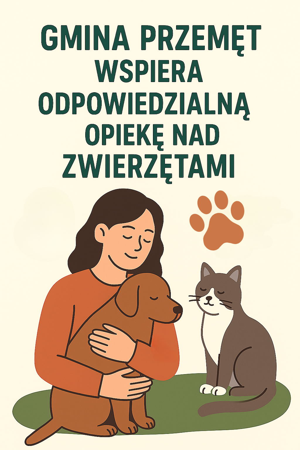 Grafika przedstawia ilustrację, na której widzimy osobę trzymającą psa i siedzącą obok kota. Z tyłu widoczny jest rysunek łapy zwierzęcia. Główny tekst na grafice to: "Gmina Przemęt wspiera odpowiedzialną opiekę nad zwierzętami".