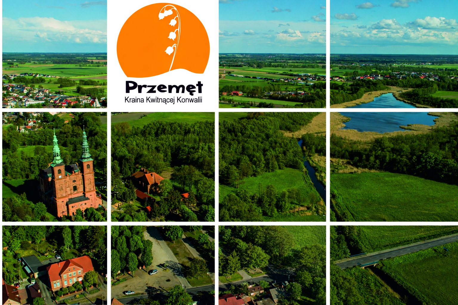 Obrazek przedstawia krajobraz obejmujący kościół pw. św. Jana Chrzciciela w Przemęcie oraz teren wokół niego. Na obrazku widnieje również logo Gminy Przemęt.