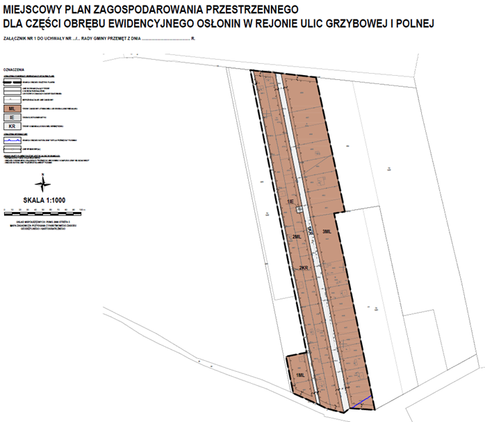 Grafika to rysunek miejscowego planu zagospodarowania przestrzennego dla części obrębu ewidencyjnego Osłonin w rejonie ulic Grzybowej i Polnej. U góry znajduje się tytuł dokumentu wraz z informacją o skali (1:1000). Obszar planu oznaczono kolorem brązowym i podzielono na tereny o różnych symbolach planistycznych (m.in. ML, KR). Widoczne są linie rozgraniczające tereny o różnym przeznaczeniu, układ drogi wewnętrznej oraz granice działek. Po lewej stronie umieszczono legendę z objaśnieniami zastosowanych oznaczeń.