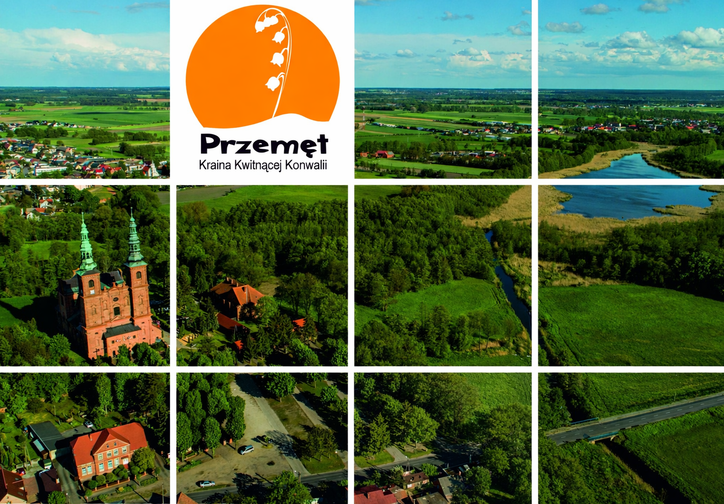 Obrazek przedstawia krajobraz obejmujący kościół pw. św. Jana Chrzciciela w Przemęcie oraz teren wokół niego. Na obrazku widnieje również logo Gminy Przemęt.
